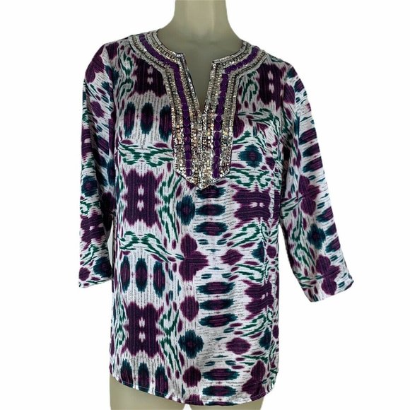 Jones New York women’s Shirt top purple pattern Satin embellished size small - Picture 1 of 5